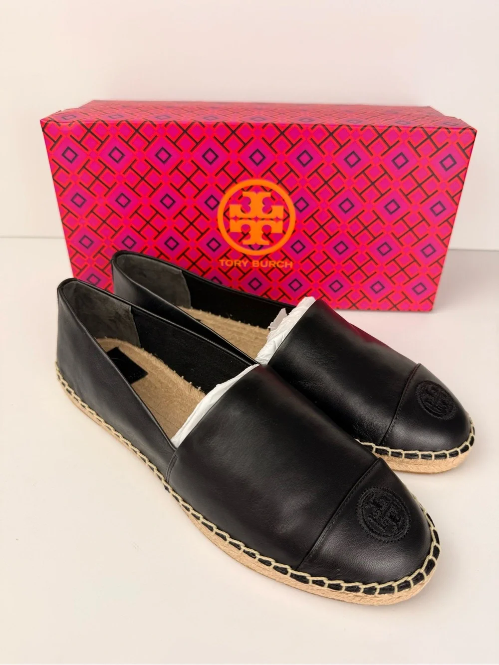 Tory Burch Color Block Flat Espadrille Black Nappa Leather Slip On Shoes Size 8